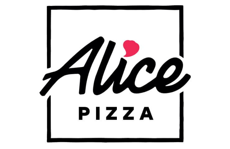 Logo of Alice Pizza featuring stylized black text and a pink dot over the letter 'i' inside a square border.