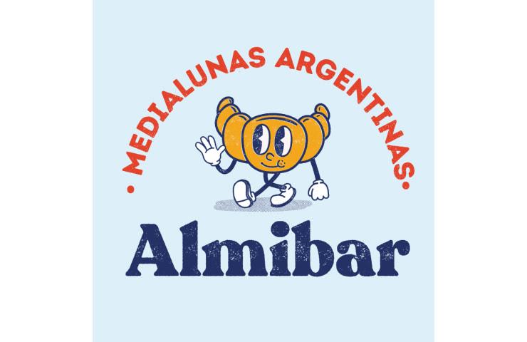 Logo featuring an anthropomorphic croissant with a smiling face, arms, and legs, representing 'Medialunas Argentinas Almibar'.