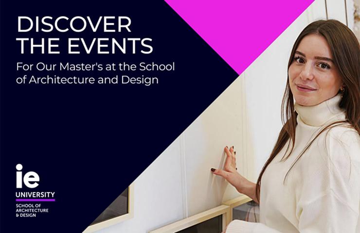A woman is interacting with a display while promoting events at a university's School of Architecture and Design.