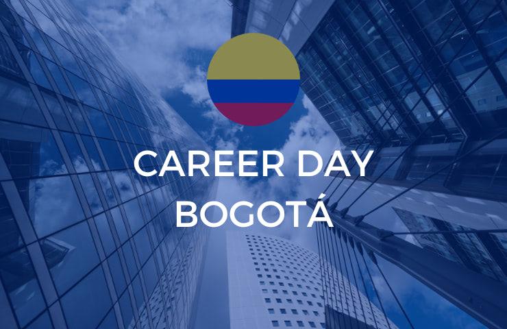 Promotional banner reading 'Career Day Bogotá' superimposed on a photo of skyscrapers and a blue sky.