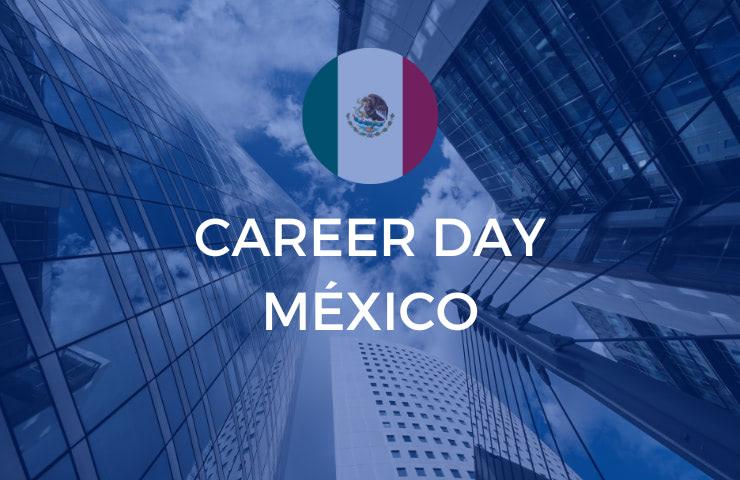 Promotional image for Career Day Mexico featuring the Mexican flag and a backdrop of skyscrapers.