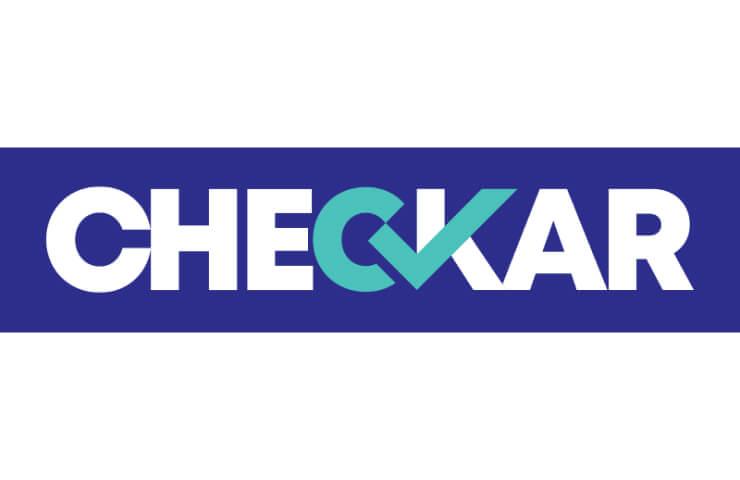 Logo of 'CHECKAR' featuring white text and a teal checkmark on a blue background.