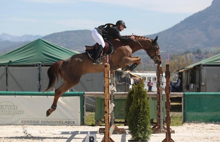 A horse and rider jumping over a hurdle in an equestrian show jumping event.