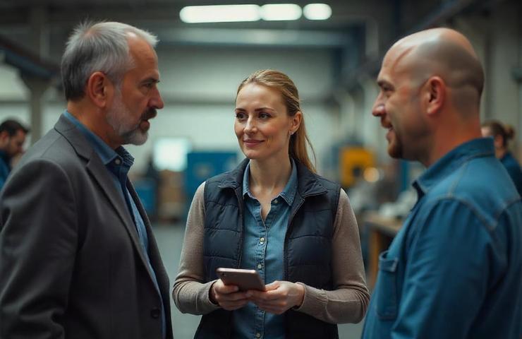A conversation between three professionals in a workshop setting.