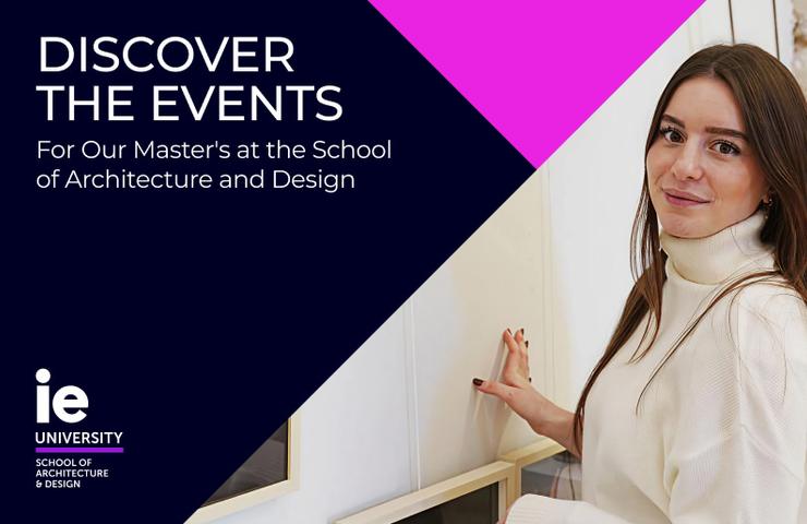 A smiling woman poses in front of a wall displaying design elements, promoting events at an architecture and design school.