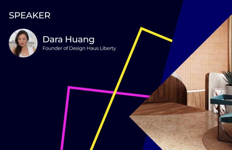 Promotional graphic featuring Dara Huang, highlighted as a speaker and founder of Design Haus Liberty, with a stylish geometric background.