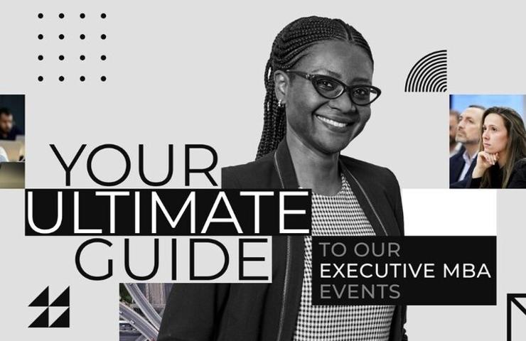 A confident woman in a suit smiling, promoting an executive MBA event.
