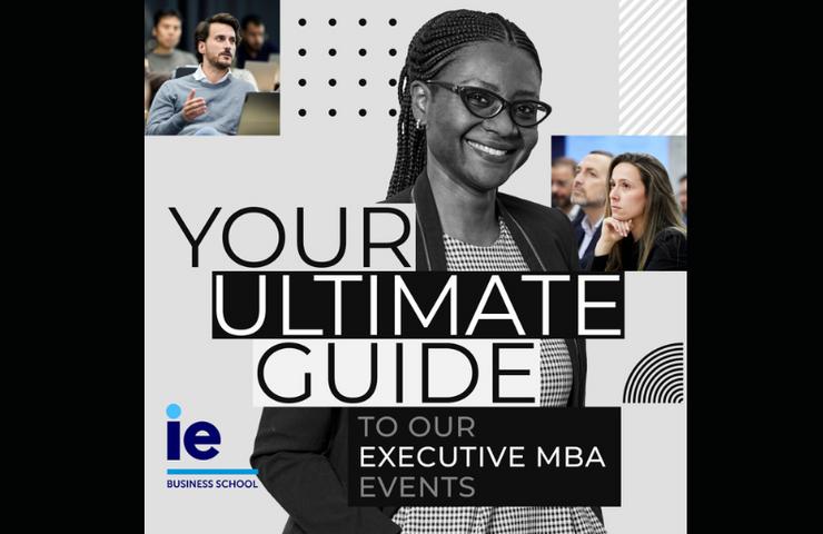 A promotional graphic for an Executive MBA program featuring a smiling woman and event details.