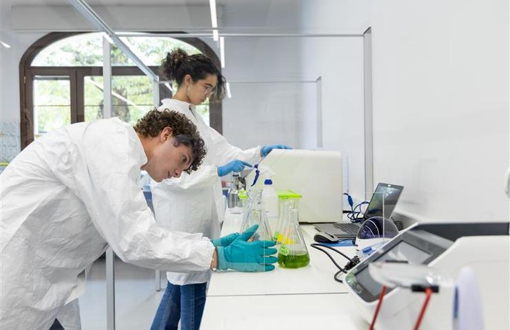 Two young scientists are conducting experiments in a modern laboratory.