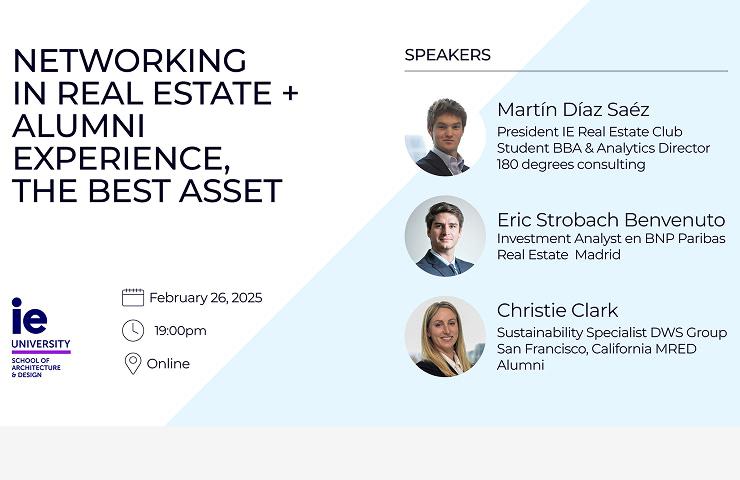 A promotional graphic for a networking event in real estate featuring three speakers.
