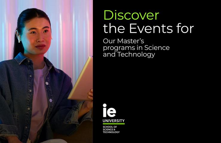 A young woman holds a tablet while engaging with a digital backdrop promoting an educational event.