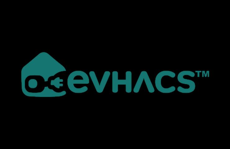 Logo featuring the text 'evHACS' with a stylized house and electrical plug graphic in turquoise and black.