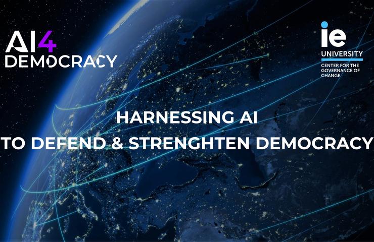 A digital graphic promoting an event about using AI to support democracy.