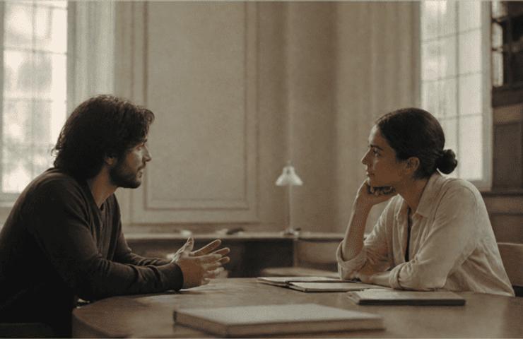 Two people are sitting at a table engaged in a serious conversation.