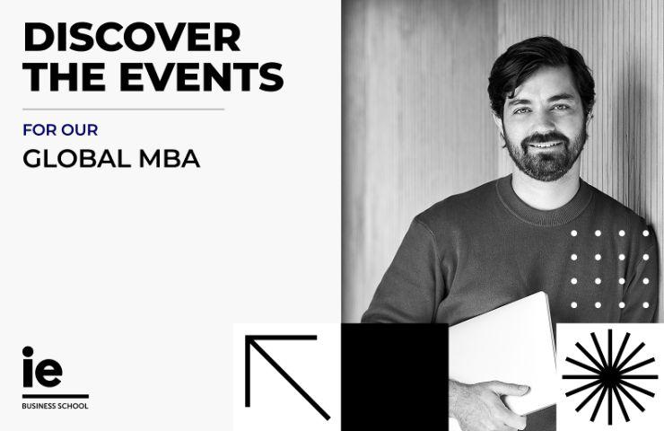 A smiling man holding a laptop promotes an event for a global MBA program.