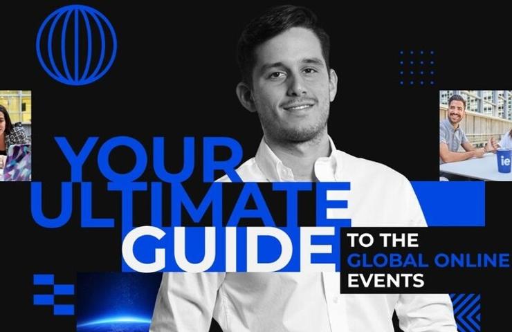 A man smiling in front of a vibrant graphic design promoting global online events.
