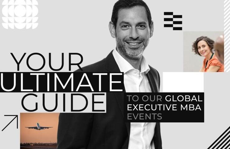A promotional image featuring a man in a suit showcasing an Ultimate Guide for Global Executive MBA events.
