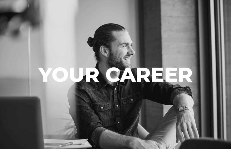 A smiling man in a denim shirt seated at a desk with the words 'YOUR CAREER' superimposed in the foreground.