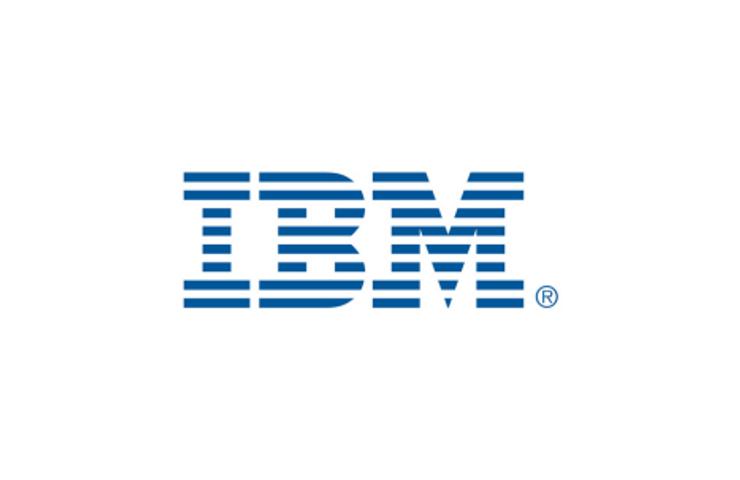 The image displays the IBM logo in blue with the letters 'IBM' striped horizontally.