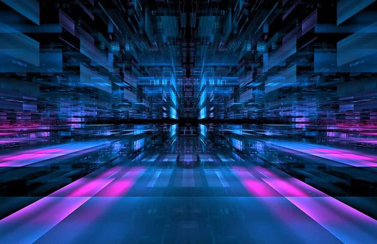 A vibrant, abstract digital landscape with glowing blue and pink elements creating a sense of depth and movement.