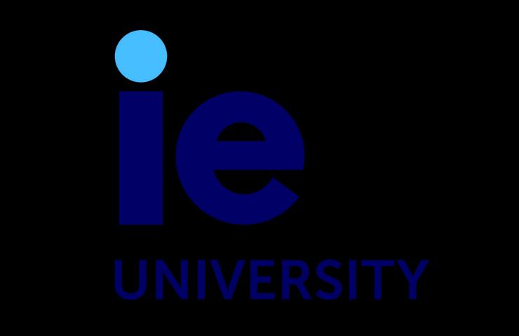 Logo of IE University featuring blue letters and a dot over a black background.