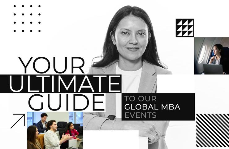 A promotional image for global MBA events featuring a confident woman.