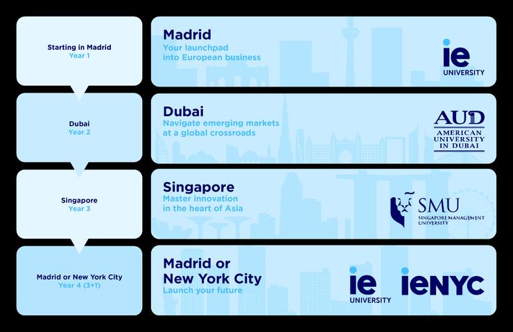 A visual representation of educational opportunities in Madrid, Dubai, and Singapore.