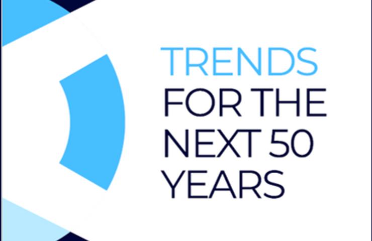 A promotional poster displaying the text 'Trends for the Next 50 Years' for IE University, celebrating 150 years.