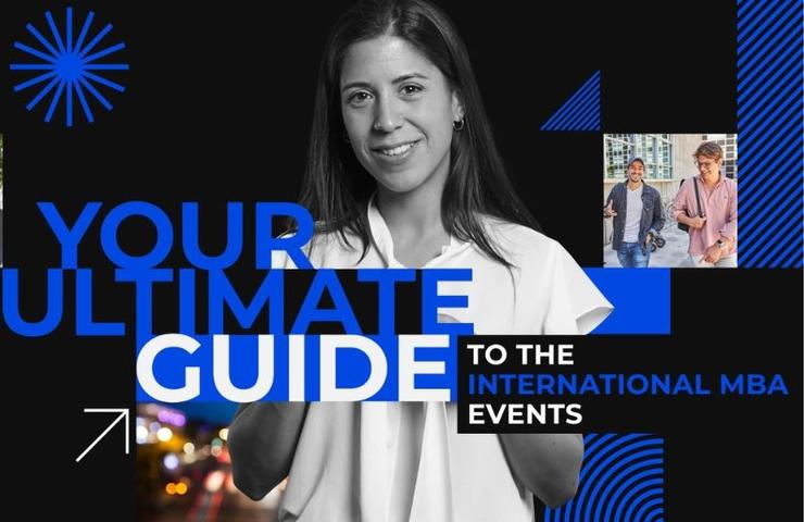 A promotional image for an ultimate guide to international MBA events featuring a smiling woman.