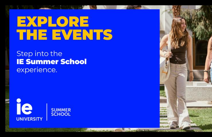 A promotional image for the IE Summer School featuring students walking on campus.