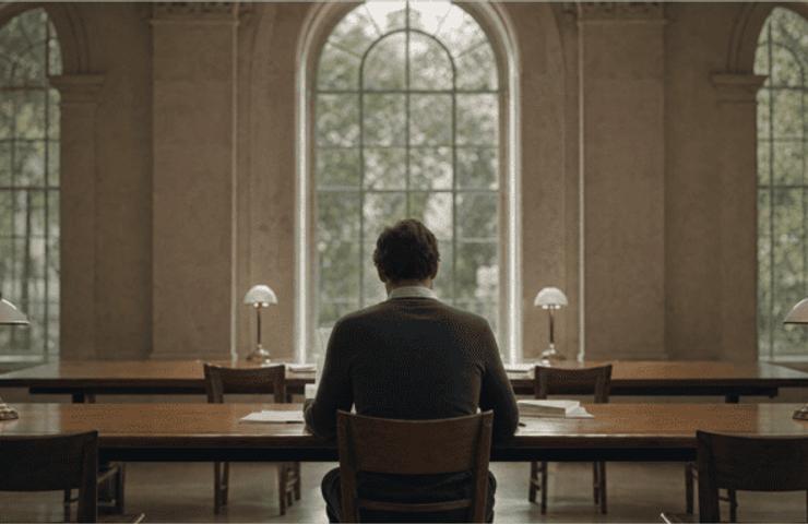 A solitary figure sits at a long wooden table in a spacious library with large windows.