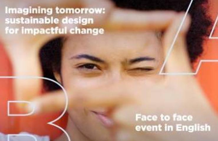 A person framing their face with their hands, with text overlay about a sustainable design event.