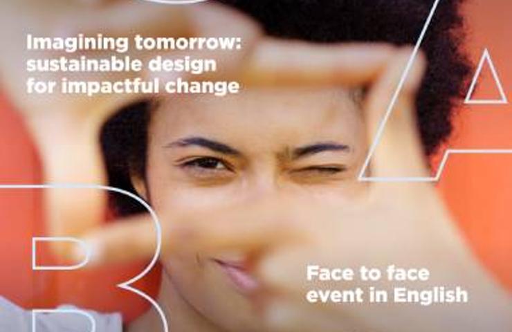 A young person is squinting and smiling, framed by text about a sustainable design event.