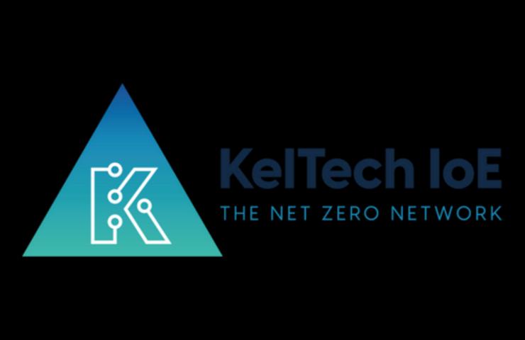 Logo of KelTech IoE, featuring a blue triangle with a circuit design and the tagline 'THE NET ZERO NETWORK'.