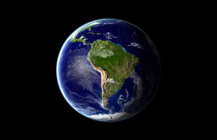 A view of Earth from space, highlighting South America prominently.