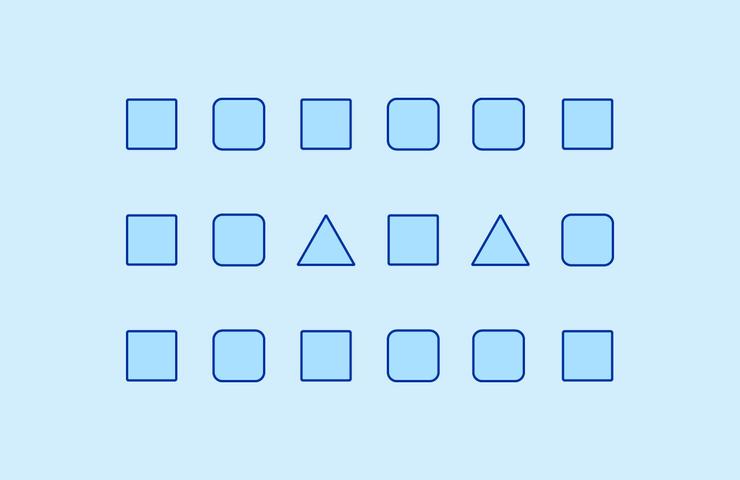 A blue background with a set of geometric shapes, including squares and triangles arranged in rows.
