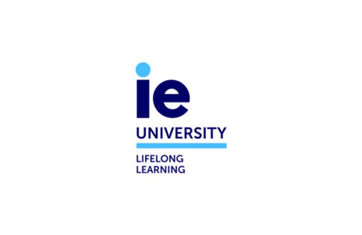 Logo of IE University featuring the letters 'IE' in blue beside the full name and the slogan 'Lifelong Learning'.