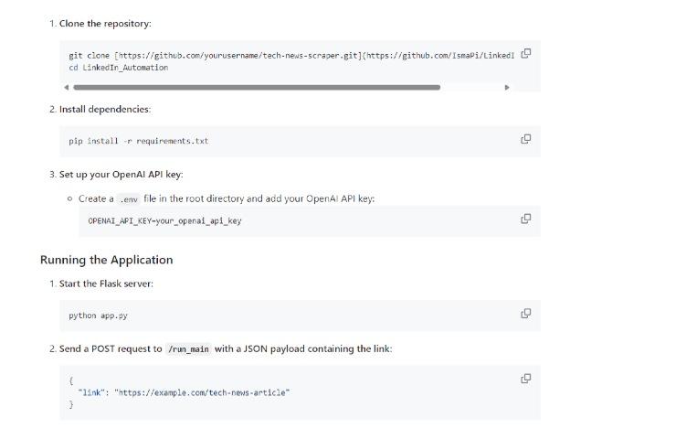 The image shows a set of instructions on how to install and run a technology project, including commands for cloning a repository, installing dependencies, setting up API keys, and running a server with Python and Flask.