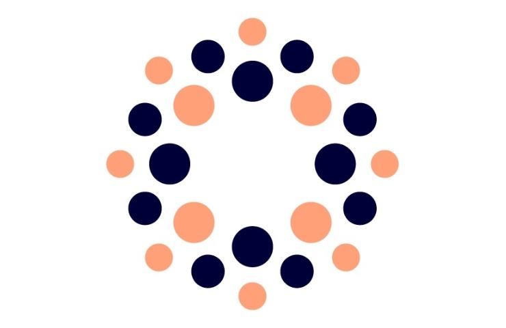 A circular pattern formed by blue and salmon-colored dots on a white background.