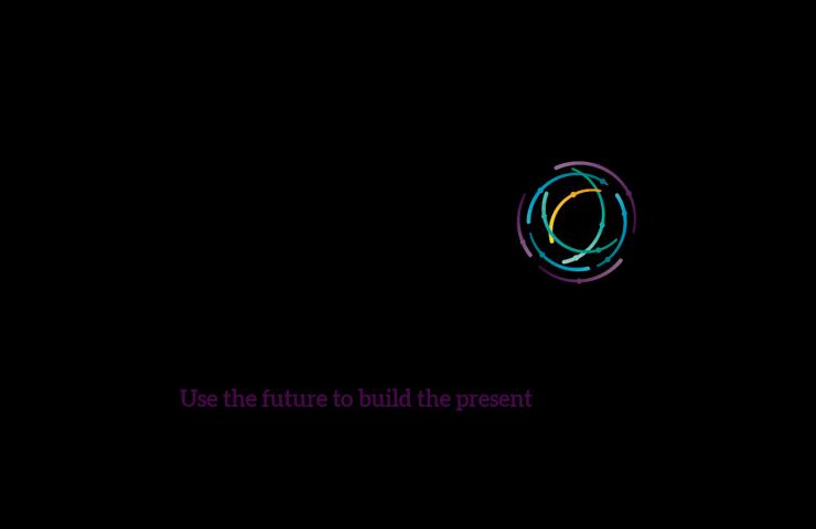 A minimalist image featuring a neon light styled circular design on a black background with the phrase 'Use the future to build the present' written in white.