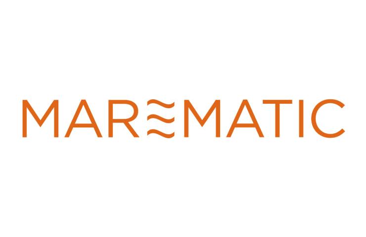 The image displays the word 'MAREMATIC' in orange font with a stylized wave design above the letter 'E'.