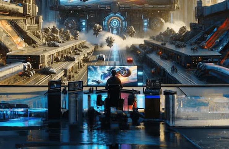 A person sitting in front of multiple monitors with futuristic cityscape visuals displayed, situated in a high-tech control room.