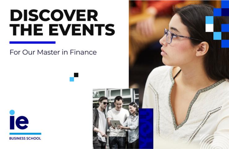 A promotional image for a Master in Finance program showcasing events at a business school.