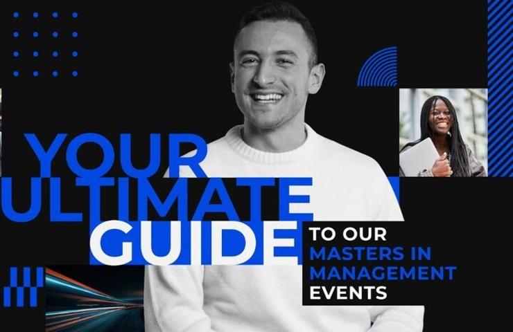 A promotional image for management events featuring diverse individuals and vibrant graphics.