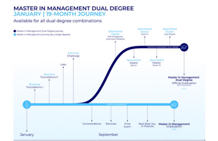 A timeline illustrating the 19-month journey of a Master in Management Dual Degree program.
