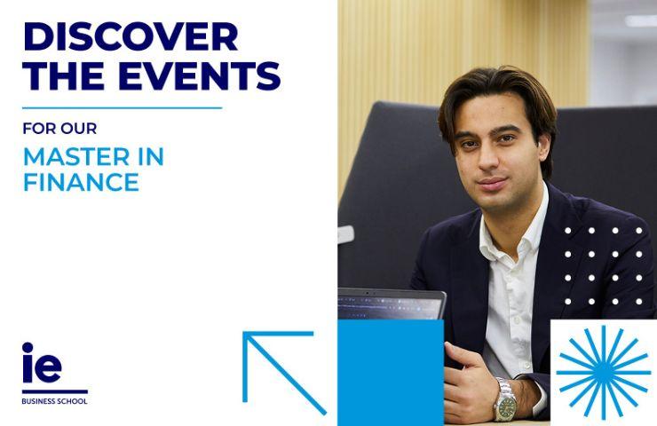 A young man is sitting at a desk with a laptop, promoting an event for a Master in Finance program at a business school.