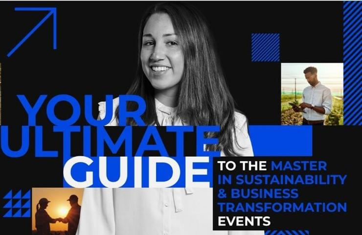 A promotional image presenting guidance for a master's program in sustainability and business transformation.