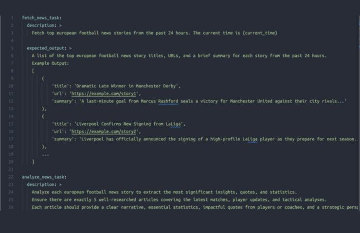 A screenshot of a computer monitor displaying a JSON file with tasks related to fetching and analyzing football news stories.