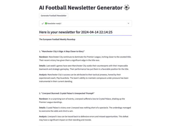 Screenshot of a web page displaying a generated football newsletter with match summaries and dates.