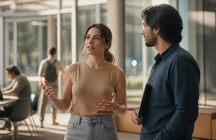 A woman and a man are engaged in a conversation in a modern office space.